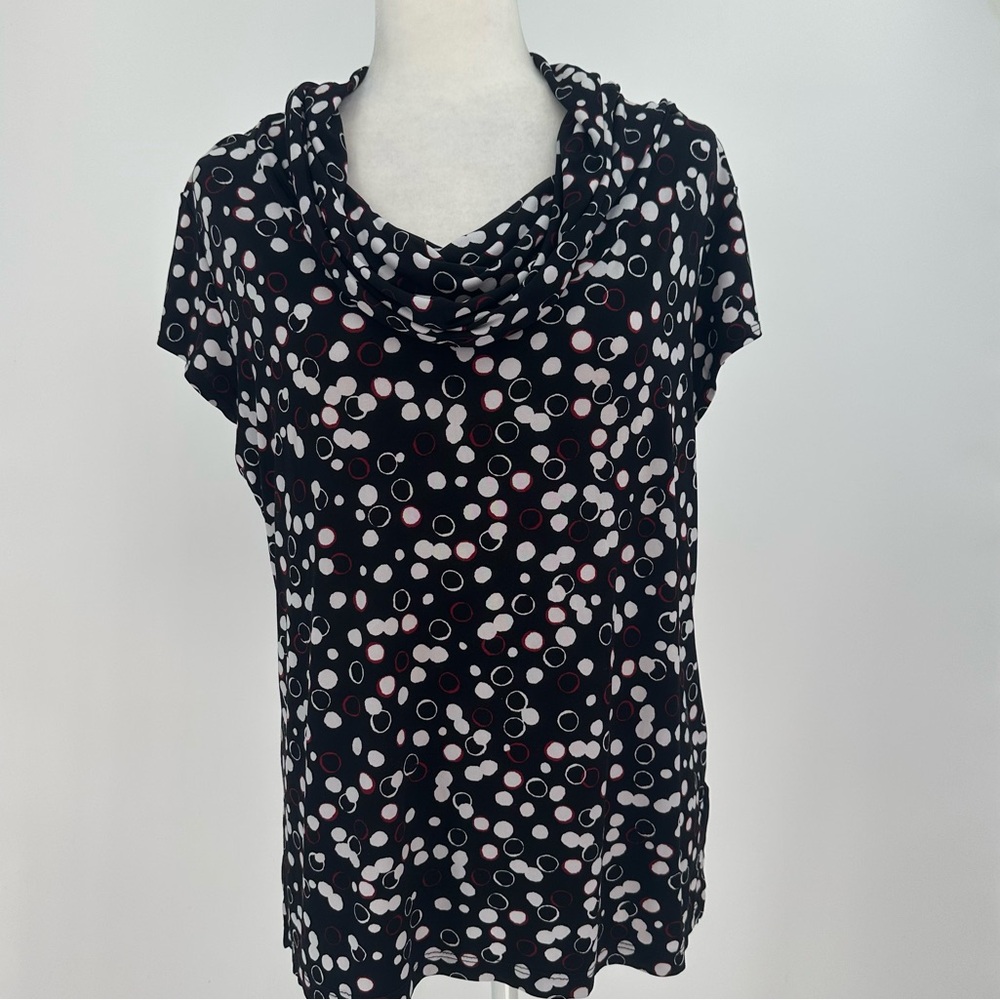 CHICO'S Size 3 Liquid Knit Drape Cowl Neck Top Cap Sleeves Black White Dots Red
